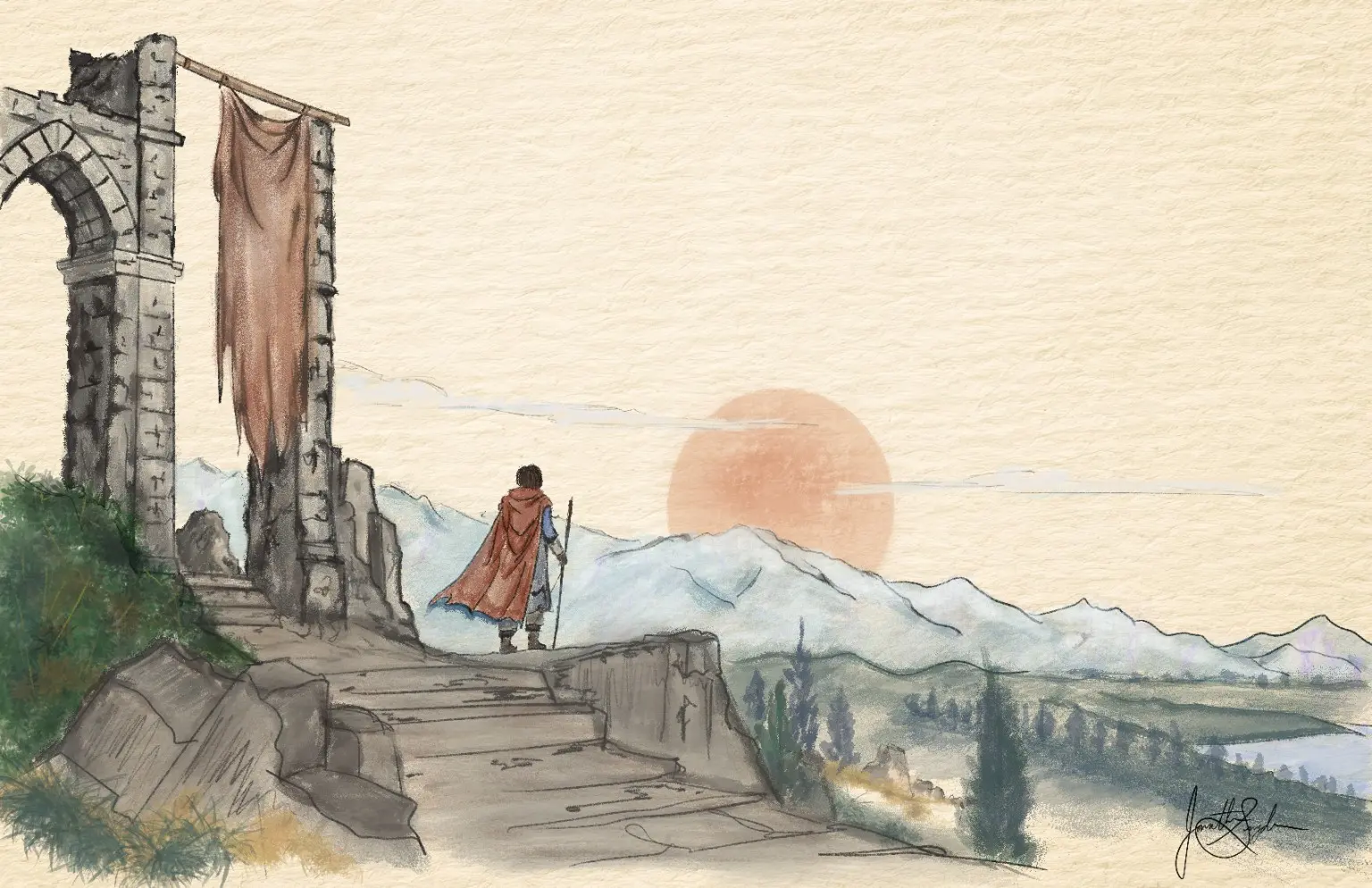 A lone adventurer leaves the ruins of a forgotten kingdom and looks toward distant mountains